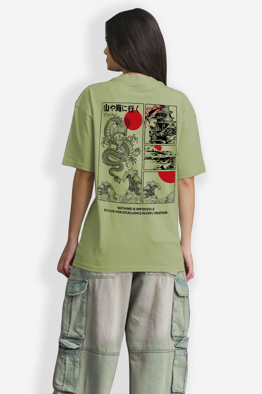 Oversized Women Drop Shoulder T-Shirt - Light Green - Image 3