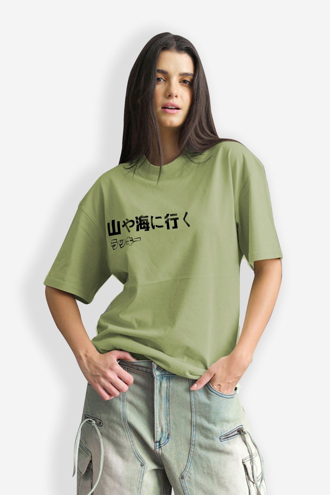 Oversized Women Drop Shoulder T-Shirt - Light Green
